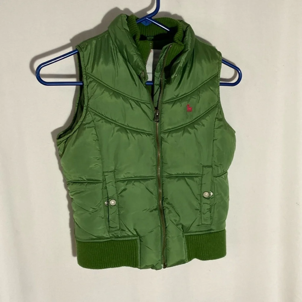 Old Navy Girls Green Vest Puffer Fleece lined Pink Deer Logo, size large